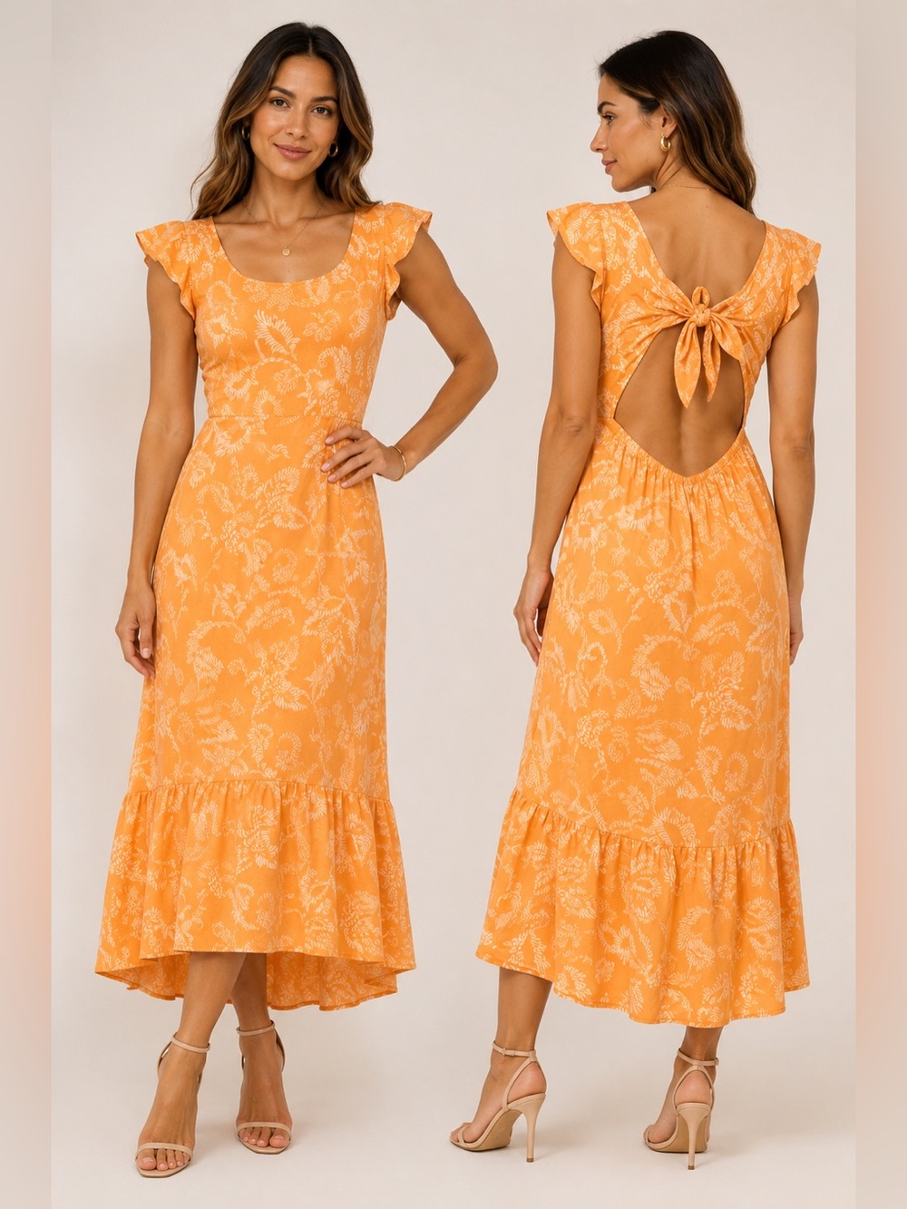 Marissa Webb Orange Tropical Print Open Back Midi Dress Size 12